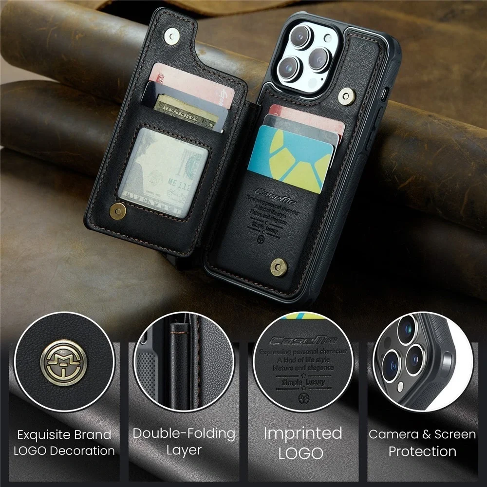 CaseMe C22 Black for iPhone 14 Pro Max PU Leather Wallet Case with RFID Blocking